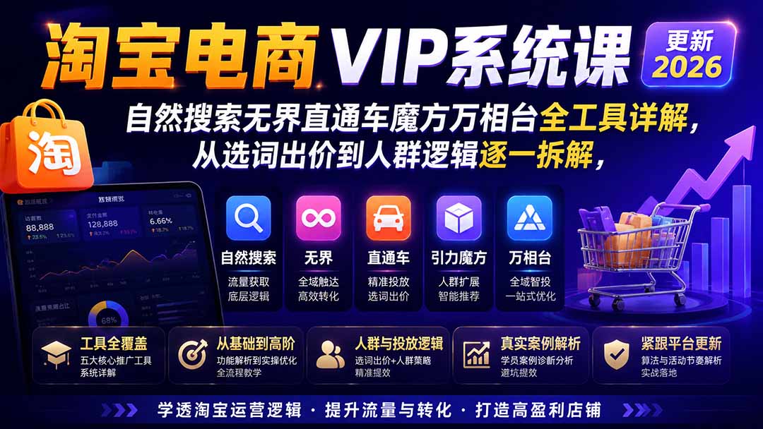 淘宝电商VIP系统课-更新8月;自然搜索无界直通车魔方万相台全工具详解,从选词出价到人群逻辑逐一拆解-橙心云网创