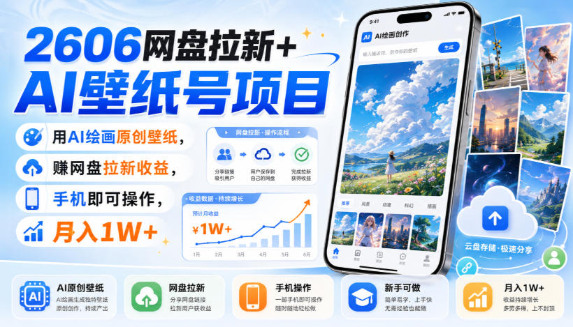 2606网盘拉新+AI壁纸号项目，用AI绘画原创壁纸，賺网盘拉新收益，手机即可操作，月入1W+-橙心云网创