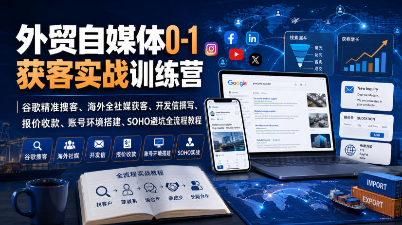 外贸自媒体0-1获客实战训练营|谷歌精准搜客、海外全社媒获客、开发信撰写、报价收款、账号环境搭建、SOHO避坑全流程教程(更新)-橙心云网创