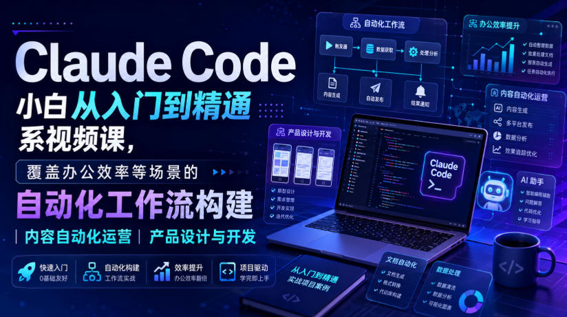 Claude Code小白从入门到精通系视频课,覆盖办公效率等场景的自动化工作流构建|内容自动化运营|产品设计与开发-橙心云网创