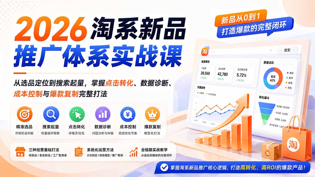 2026淘系新品推广体系实战课:从选品定位到搜索起量,掌握点击转化、数据诊断、成本控制与爆款复制完整打法-橙心云网创