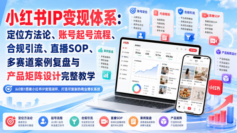 小红书IP变现体系:定位方法论、账号起号流程、合规引流、直播SOP、多赛道案例复盘与产品矩阵设计完整教学-橙心云网创