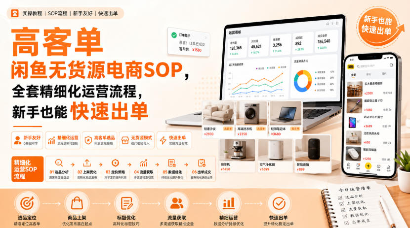 高客单闲鱼无货源电商SOP，全套精细化运营流程，新手也能快速出单-橙心云网创