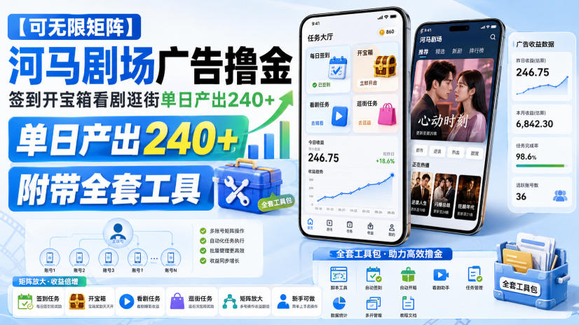 【可无限矩阵】河马剧场广告撸金,签到开宝箱看剧逛街单日产出240+,附带全套工具【揭秘】-橙心云网创
