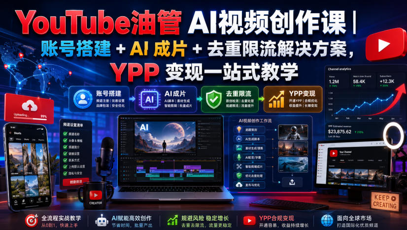 YouTube油管AI视频创作课|账号搭建+AI成片+去重限流解决方案,YPP变现一站式教学(更新0817)-橙心云网创