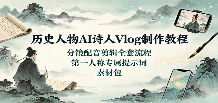 历史人物AI诗人Vlog制作教程:分镜配音剪辑全套流程,第一人称专属提示词素材包-橙心云网创