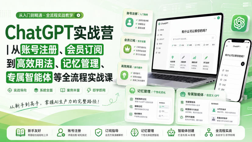 ChatGPT实战营|从账号注册、会员订阅到高效用法、记忆管理、专属智能体等全流程实战课-橙心云网创
