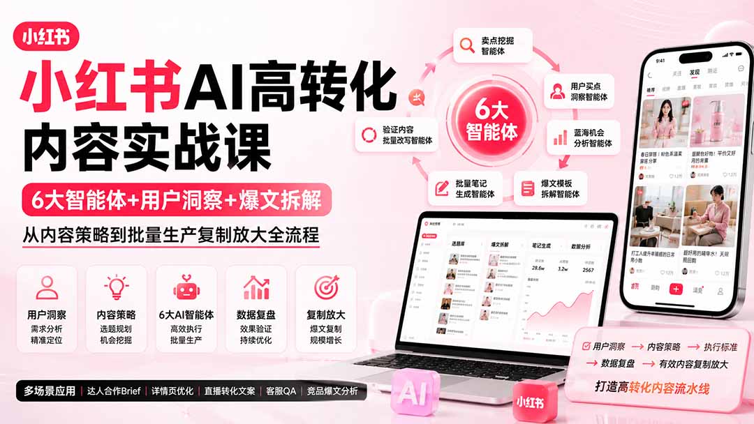 小红书AI高转化内容实战课:6大智能体+用户洞察+爆文拆解,从内容策略到批量生产复制放大全流程-橙心云网创