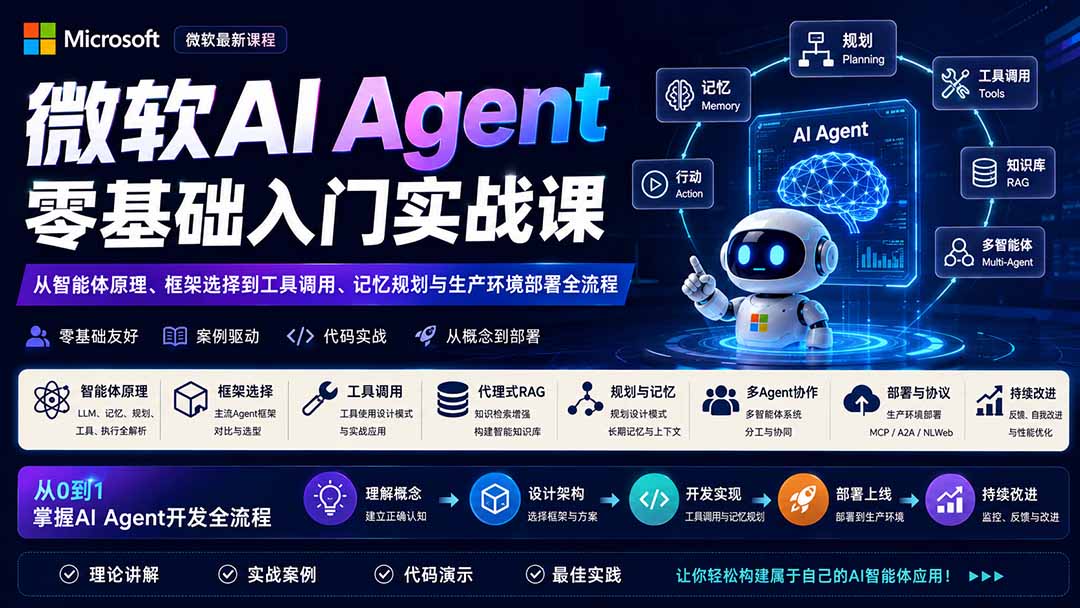 微软AI Agent零基础入门实战课:从智能体原理、框架选择到工具调用、记忆规划与生产环境部署全流程-橙心云网创
