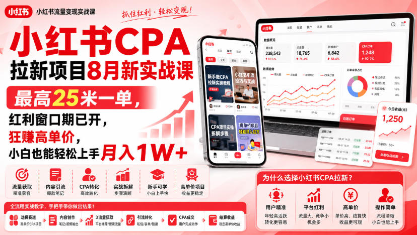 小红书CPA拉新项目8月新实战课,最高25米一单,红利窗口期已开,狂賺高单价,小白也能轻松上手月入1W+-橙心云网创