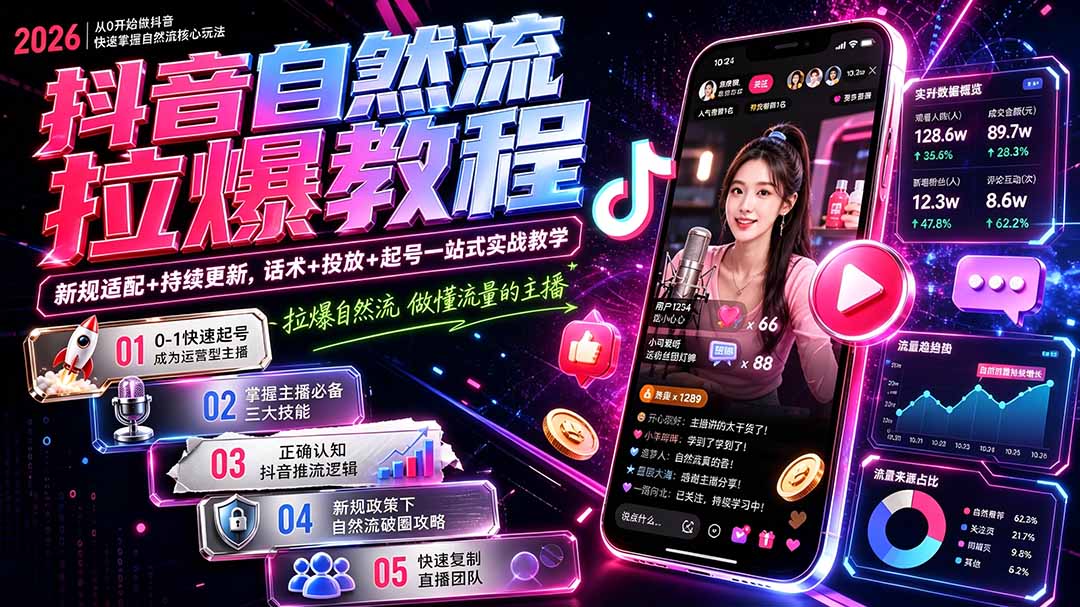 抖音自然流拉爆教程-更新8月:做懂流量的主播,新规适配+持续更新,话术+投放+起号一站式实战教学-橙心云网创