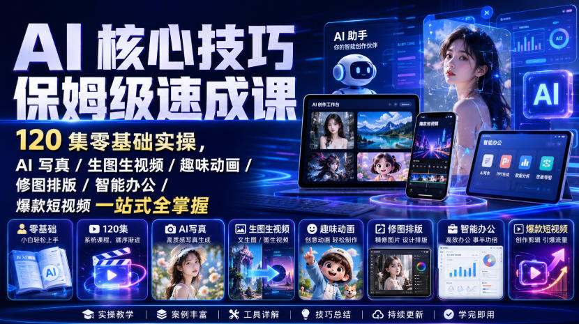 AI核心技巧保姆级速成课｜120集零基础实操，AI写真/生图生视频/趣味动画/修图排版/智能办公/爆款短视频一站式全掌握(更新)-橙心云网创