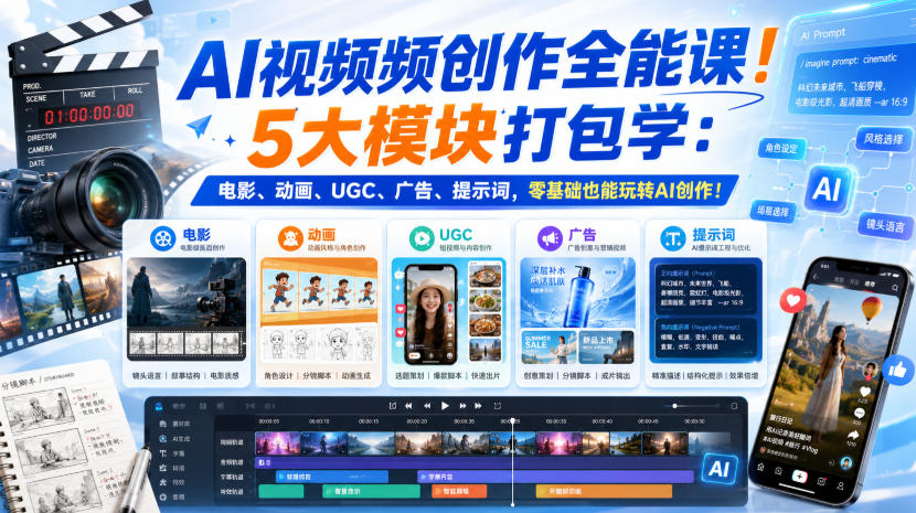 AI视频频创作全能课！5大模块打包学：电影、动画、UGC、广告、提示词，零基础也能玩转AI创作！【原创双语字幕】-橙心云网创