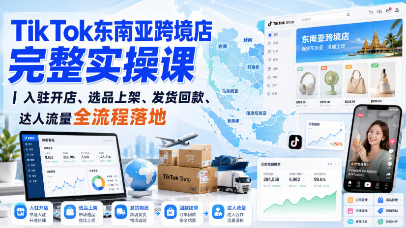 TikTok东南亚跨境店完整实操课｜入驻开店、选品上架、发货回款、达人流量全流程落地-橙心云网创