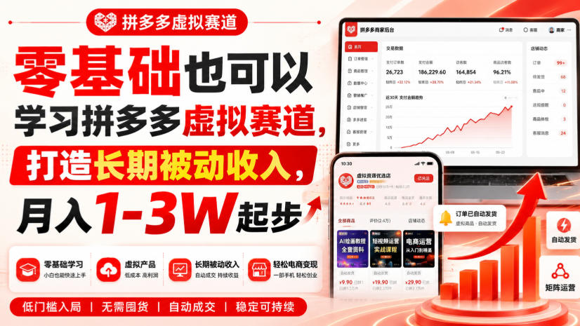 零基础也可以学习拼多多虚拟赛道，打造长期被动收入，月入1-3W起步-橙心云网创