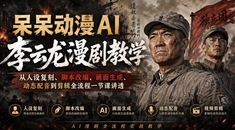 呆呆动漫AI李云龙漫剧教学，从人设复刻、脚本改编、画面生成、动态配音到剪辑全流程一节课讲透-橙心云网创