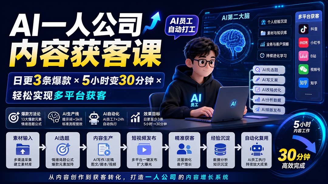 AI一人公司内容获客课-更新8月:日更3条爆款×5小时变30分钟×AI员工自动打工,轻松实现多平台获客-橙心云网创