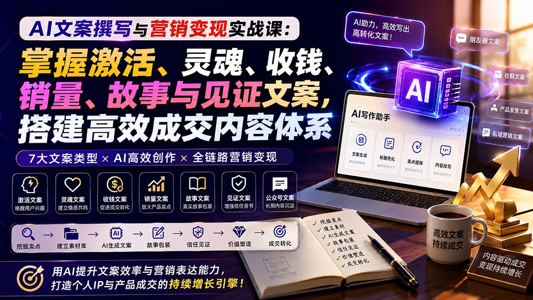 AI文案撰写与营销变现实战课：掌握激活、灵魂、收钱、销量、故事与见证文案，搭建高效成交内容体系-橙心云网创