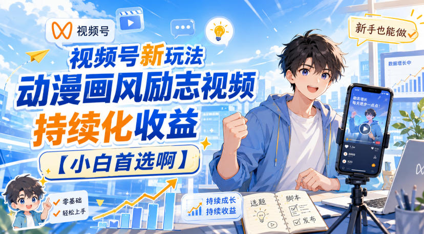 视频号新玩法动漫画风励志视频，持续化收益【小白首选啊】-橙心云网创