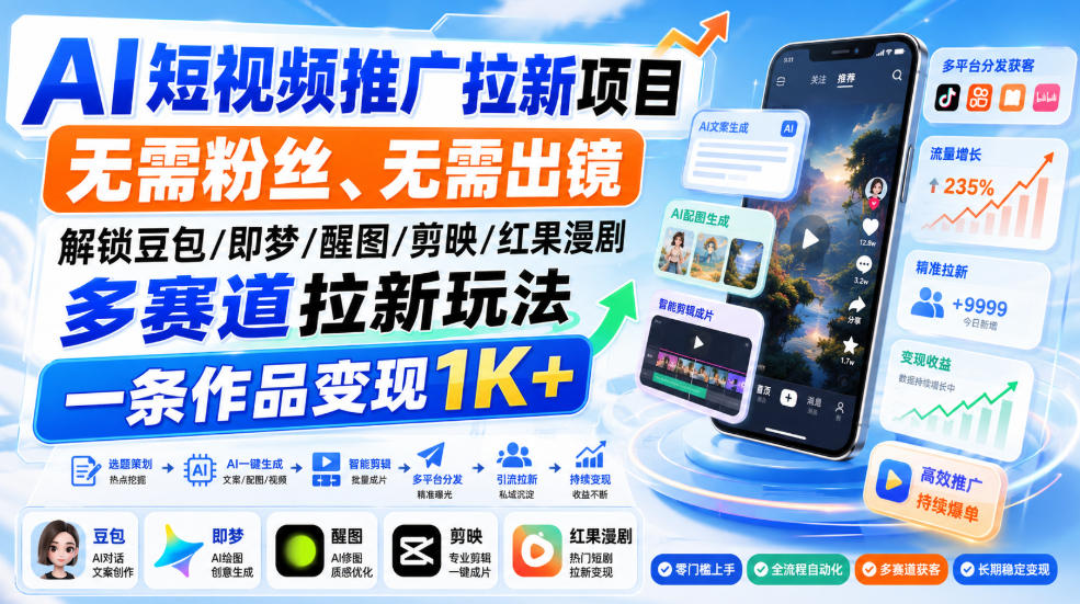 AI短视频推广拉新项目,无需粉丝、无需出镜,解锁豆包/即梦/醒图/剪映/红果漫剧多赛道拉新玩法,一条作品变现1K+-橙心云网创