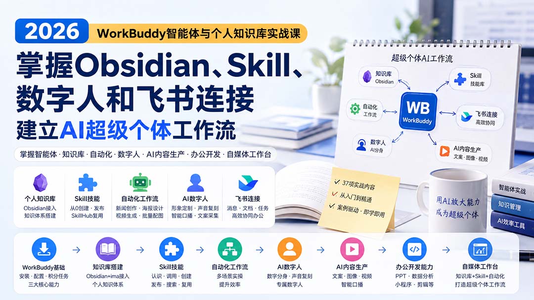 2026 WorkBuddy智能体与个人知识库实战课：掌握Obsidian、Skill、数字人和飞书连接，建立AI超级个体工作流-橙心云网创