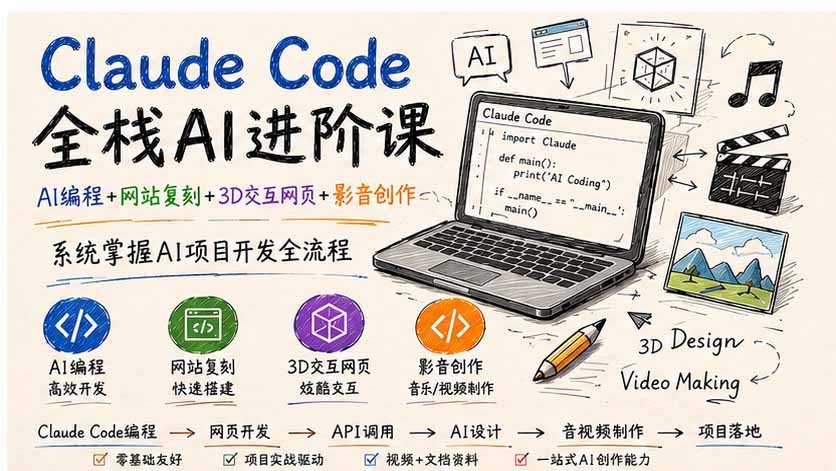 Claude Code全栈AI进阶课-更新;AI编程+网站复刻+3D交互网页+影音创作,系统掌握AI项目开发全流程-橙心云网创
