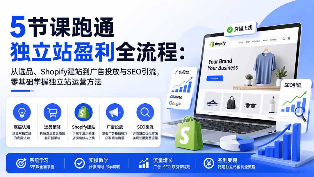 5节课跑通独立站盈利全流程：从选品、Shopify建站到广告投放与SEO引流，零基础掌握独立站运营方法-橙心云网创