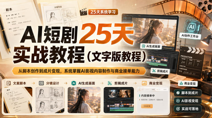 AI短剧25天实战教程(文字版教程)，从脚本创作到成片变现，系统掌握AI影视内容制作与商业接单能力-橙心云网创