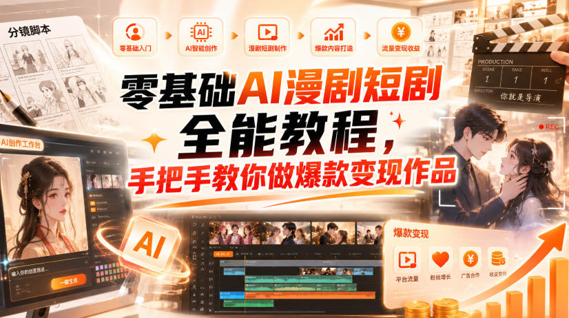 零基础AI漫剧短剧全能教程，从AI智能体搭建、文案脚本分镜、多平台AI生视频、剪映精修，覆盖全题材创作，手把手教你做爆款变现作品-橙心云网创