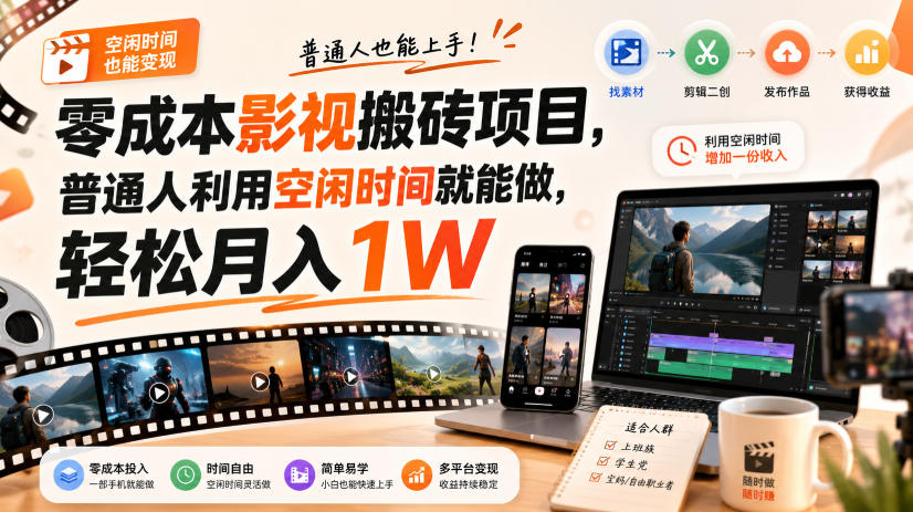 零门槛影视搬砖项目，月入万元，玩法稳定普通人可落地的长期副业！-橙心云网创