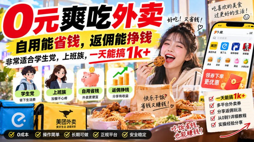 0元爽吃外卖，自用能省钱，返佣能挣钱，非常适合学生党，上班族，一天能搞1k+-橙心云网创