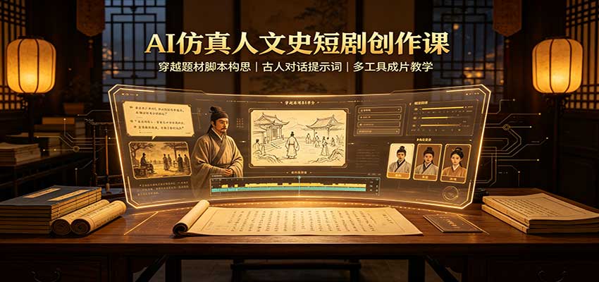 AI仿真人文史短剧创作课：穿越题材脚本构思，古人对话提示词，多工具成片教学-橙心云网创