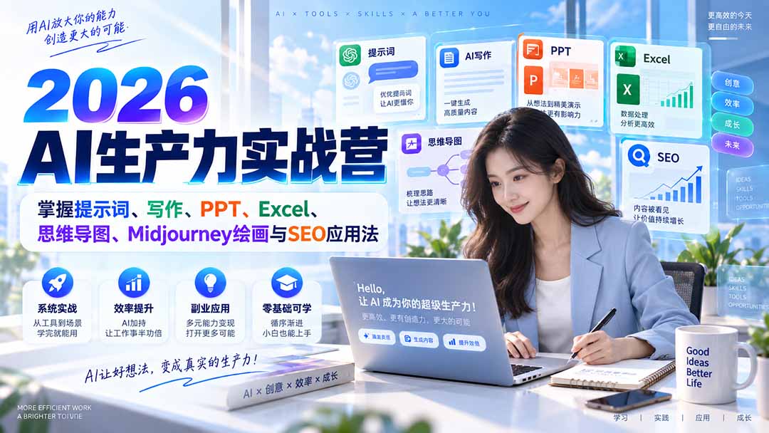 2026AI生产力实战营：掌握提示词、写作、PPT、Excel、思维导图、Midjourney绘画与SEO应用法-橙心云网创