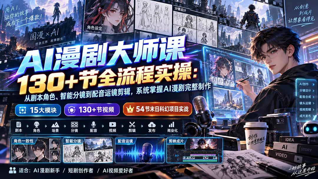 AI漫剧大师课130+节全流程实操:从剧本角色、智能分镜到配音运镜剪辑,系统掌握AI漫剧完整制作-橙心云网创