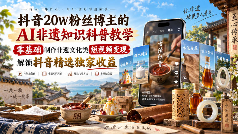 抖音20W粉丝博主的AI非遗知识科普教学，零基础制作非遗文化类短视频变现，解锁抖音精选独家收益-橙心云网创