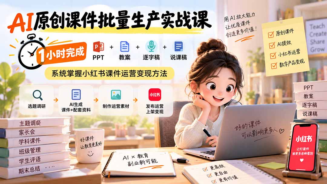 AI原创课件批量生产实战课:1小时完成PPT+教案+逐字稿+说课稿,系统掌握小红书课件运营变现方法-橙心云网创