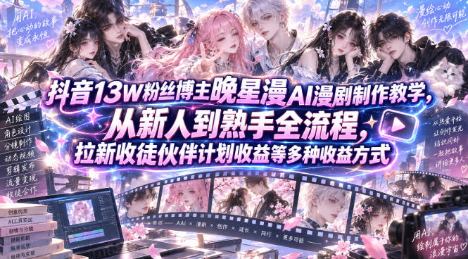 抖音13W粉丝博主晚星漫AI漫剧制作教学，从新人到熟手全流程，拉新收徒伙伴计划收益等多种收益方式，单日1K+-橙心云网创