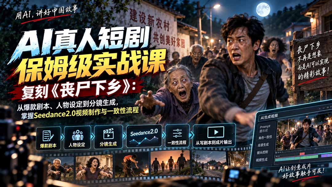 AI真人短剧保姆级实战课，复刻《丧尸下乡》：从爆款剧本、人物设定到分镜生成，掌握Seedance2.0视频制作与一致性流程-橙心云网创