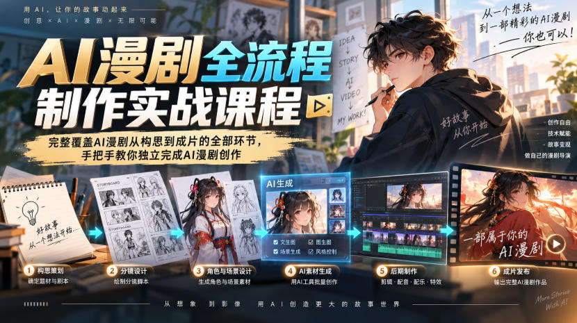 AI漫剧全流程制作实战课程，完整覆盖AI漫剧从构思到成片的全部环节，手把手教你独立完成AI漫剧创作-橙心云网创