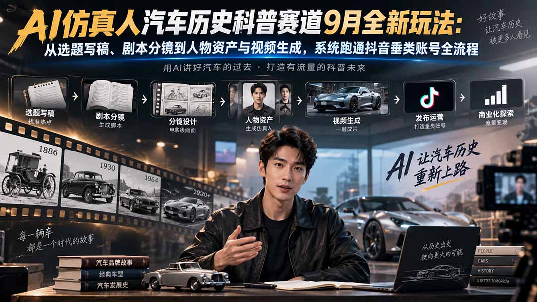 AI仿真人汽车历史科普赛道9月全新玩法:从选题写稿、剧本分镜到人物资产与视频生成,系统跑通抖音垂类账号全流程-橙心云网创