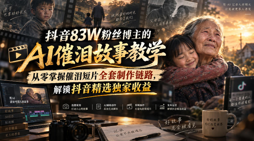 抖音83W粉丝博主的AI催泪故事教学,从零掌握催泪短片全套制作链路,解锁抖音精选独家收益-橙心云网创
