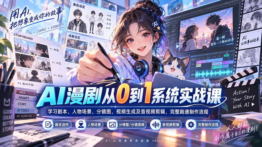 AI漫剧从0到1系统实战课:学习剧本、人物场景、分镜图、视频生成及音视频剪辑,完整跑通制作流程-橙心云网创