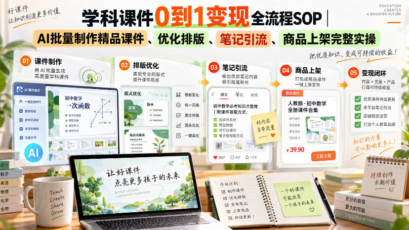 学科课件0到1变现全流程SOP｜AI批量制作精品课件、优化排版、笔记引流、商品上架完整实操​-橙心云网创