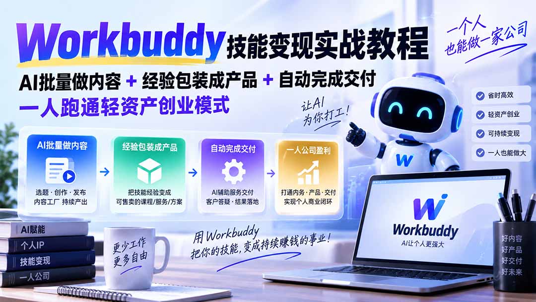 Workbuddy技能变现实战教程：AI批量做内容+经验包装成产品+自动完成交付，一人跑通轻资产创业模式-橙心云网创