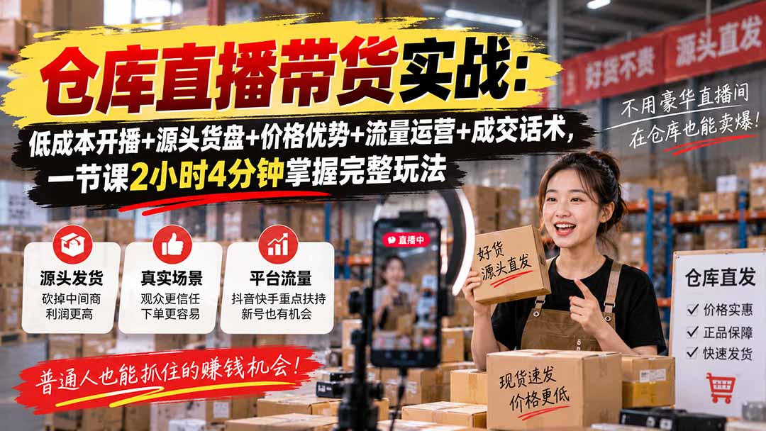 仓库直播带货实战:低成本开播+源头货盘+价格优势+流量运营+成交话术,一节课2小时4分钟掌握完整玩法-橙心云网创