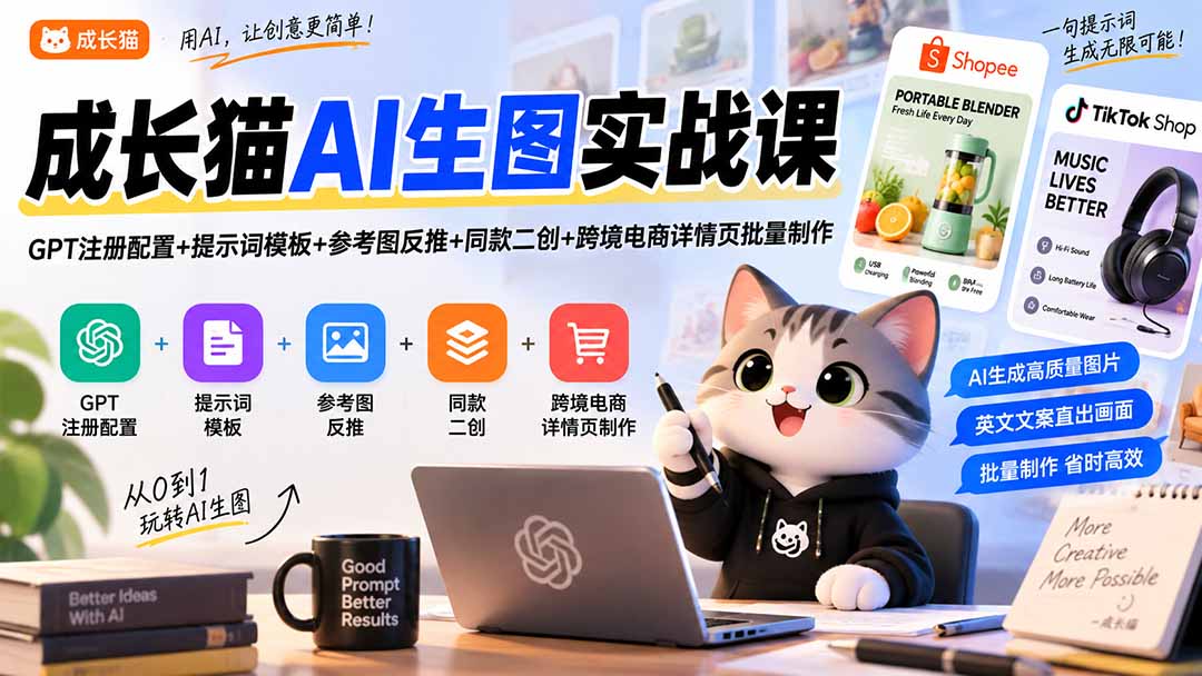 成长猫AI生图实战课｜GPT注册配置+提示词模板+参考图反推+同款二创+跨境电商详情页批量制作-橙心云网创