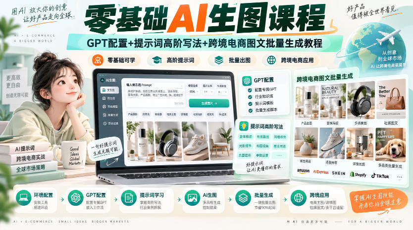 零基础AI生图课程,GPT配置+提示词高阶写法+跨境电商图文批量生成教程-橙心云网创