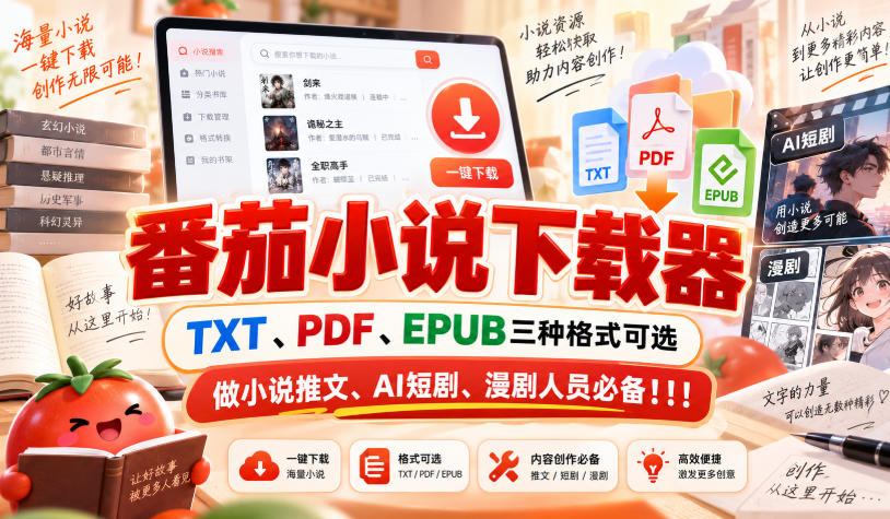 番茄小说下载器,TXT、PDF、EPUB三种格式可选,做小说推文、AI短剧、漫剧人员必备!!!-橙心云网创