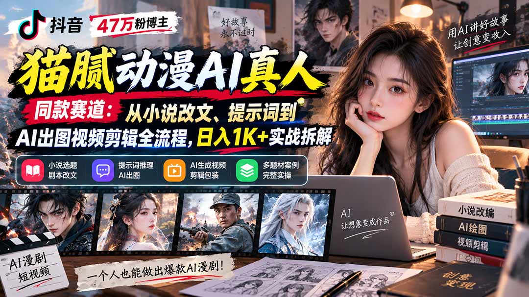 抖音47万粉博主猫腻动漫AI真人同款赛道:从小说改文、提示词到AI出图视频剪辑全流程,日入1K+实战拆解-橙心云网创