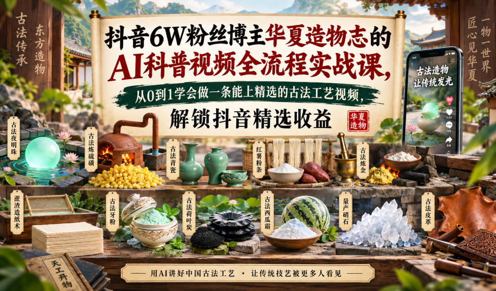抖音6W粉丝博主华夏造物志的AI科普视频全流程实战课，从0到1学会做一条能上精选的古法工艺视频，解锁抖音精选收益-橙心云网创